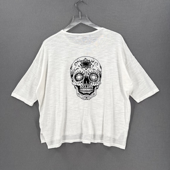 SKULL CASHMERE Sweater Womens XS White Sugar Skull Print 3/4 Sleeve Lightweight